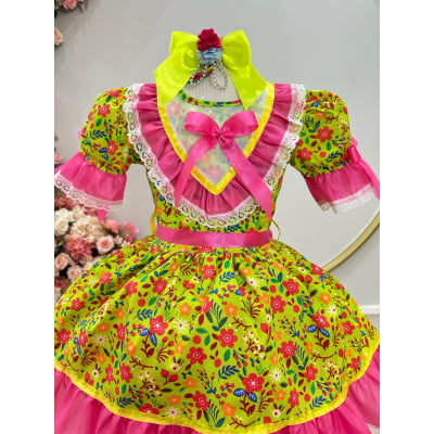 Vestido Infantil Junino Caipira Arraiá Verde e Pink Florido Colorido