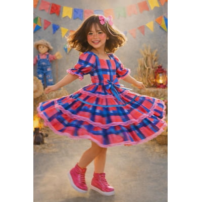 Vestido Infantil Junino Caipira Arraiá Vermelho Xadrez Colorido