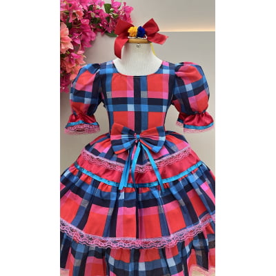 Vestido Infantil Junino Caipira Arraiá Vermelho Xadrez Colorido
