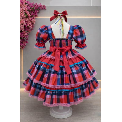 Vestido Infantil Junino Caipira Arraiá Vermelho Xadrez Colorido