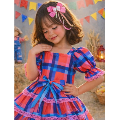 Vestido Infantil Junino Caipira Arraiá Vermelho Xadrez Colorido