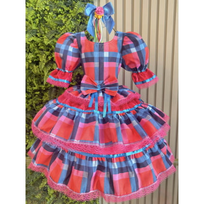 Vestido Infantil Junino Caipira Arraiá Vermelho Xadrez Colorido