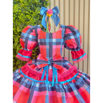 Vestido Infantil Junino Caipira Arraiá Vermelho Xadrez Colorido