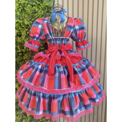 Vestido Infantil Junino Caipira Arraiá Vermelho Xadrez Colorido