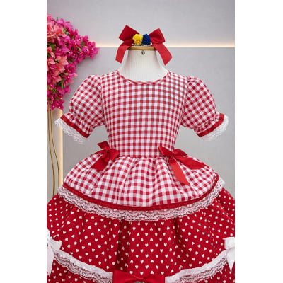 Vestido Infantil Junino Caipira Arraiá Vermelho Xadrez Laços