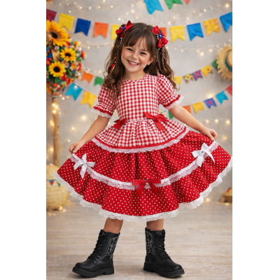 Vestido Infantil Junino Caipira Arraiá Vermelho Xadrez Laços