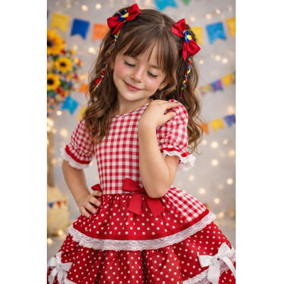 Vestido Infantil Junino Caipira Arraiá Vermelho Xadrez Laços