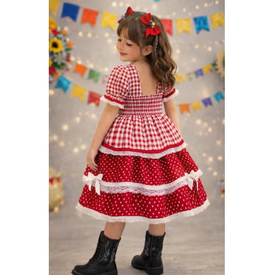 Vestido Infantil Junino Caipira Arraiá Vermelho Xadrez Laços