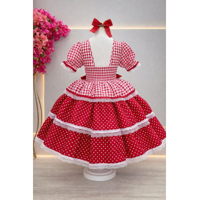 Vestido Infantil Junino Caipira Arraiá Vermelho Xadrez Laços