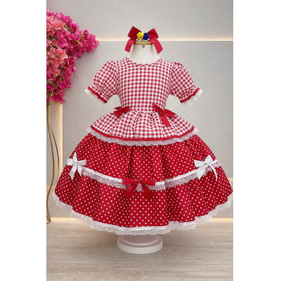 Vestido Infantil Junino Caipira Arraiá Vermelho Xadrez Laços