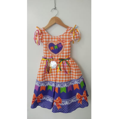 Vestido Infantil Junino Caipira Arraiá Xadrez Laranja Vestido Infantil Junino Caipira Arraiá Xadrez Laranja