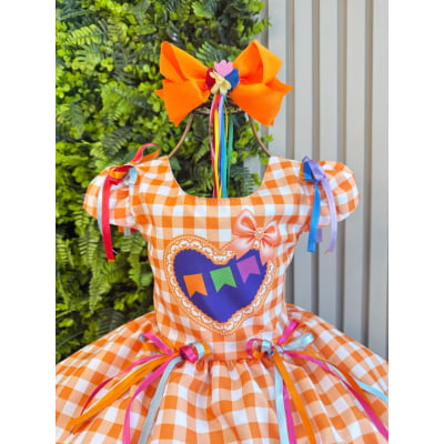 Vestido Infantil Junino Caipira Arraiá Xadrez Laranja