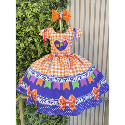 Vestido Infantil Junino Caipira Arraiá Xadrez Laranja