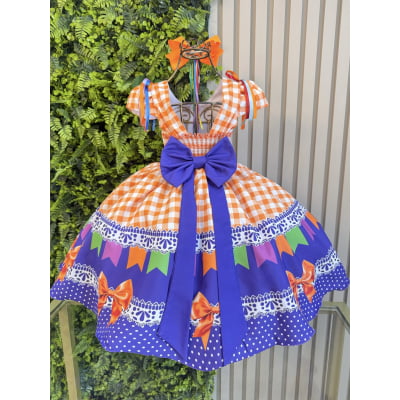 Vestido Infantil Junino Caipira Arraiá Xadrez Laranja