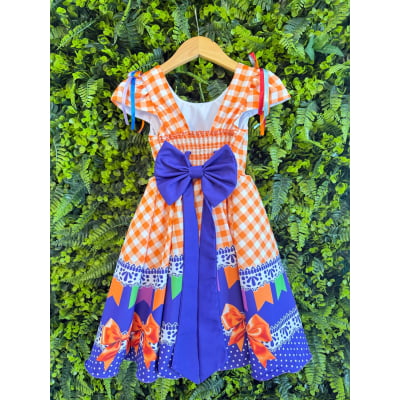 Vestido Infantil Junino Caipira Arraiá Xadrez Laranja