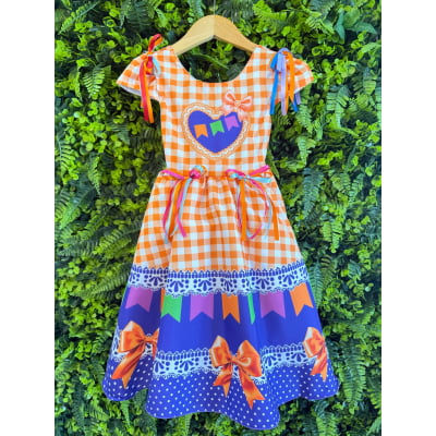 Vestido Infantil Junino Caipira Arraiá Xadrez Laranja