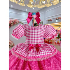 Vestido Infantil Junino Caipira Arraiá Xadrez Rosa Chiclete