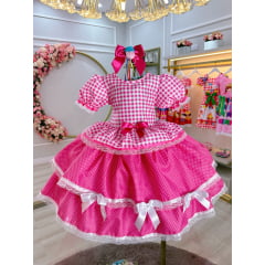 Vestido Infantil Junino Caipira Arraiá Xadrez Rosa Chiclete