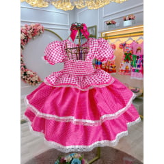 Vestido Infantil Junino Caipira Arraiá Xadrez Rosa Chiclete