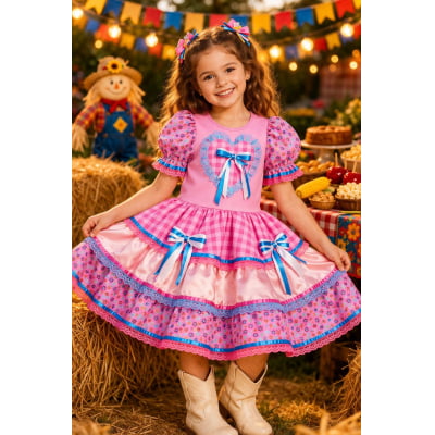 Vestido Infantil Junino Caipira Arraiá Xadrez Rosa Colorido