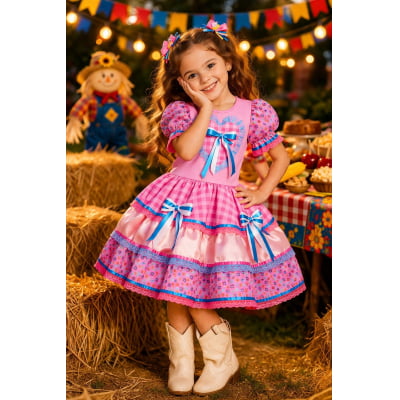 Vestido Infantil Junino Caipira Arraiá Xadrez Rosa Colorido