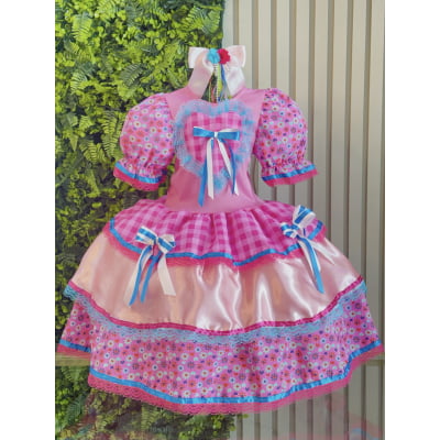 Vestido Infantil Junino Caipira Arraiá Xadrez Rosa Colorido