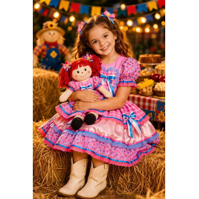 Vestido Infantil Junino Caipira Arraiá Xadrez Rosa Colorido