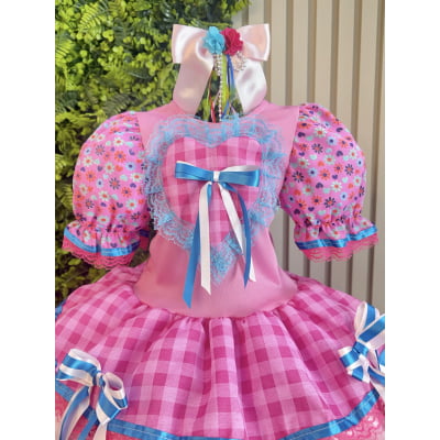Vestido Infantil Junino Caipira Arraiá Xadrez Rosa Colorido