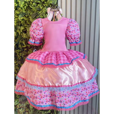 Vestido Infantil Junino Caipira Arraiá Xadrez Rosa Colorido