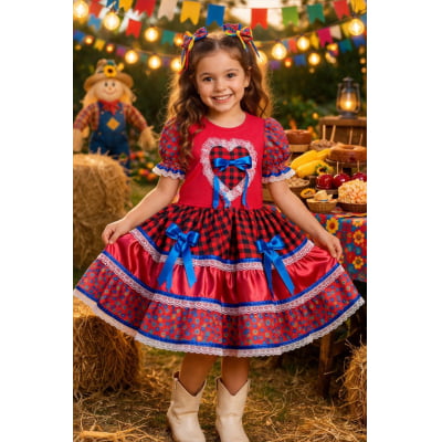 Vestido Infantil Junino Caipira Arraiá Xadrez Vermelho Colorido