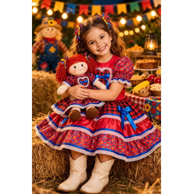 Vestido Infantil Junino Caipira Arraiá Xadrez Vermelho Colorido