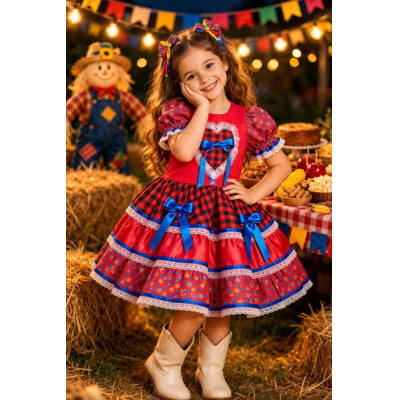 Vestido Infantil Junino Caipira Arraiá Xadrez Vermelho Colorido