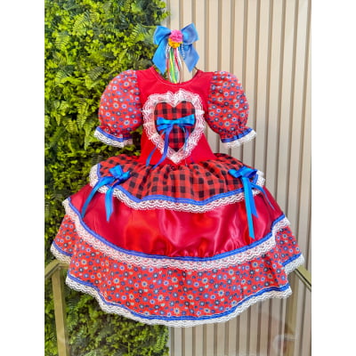 Vestido Infantil Junino Caipira Arraiá Xadrez Vermelho Colorido
