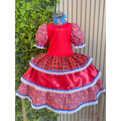 Vestido Infantil Junino Caipira Arraiá Xadrez Vermelho Colorido