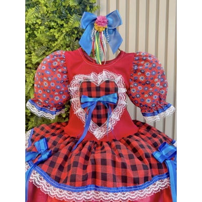 Vestido Infantil Junino Caipira Arraiá Xadrez Vermelho Colorido