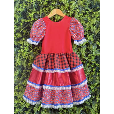 Vestido Infantil Junino Caipira Arraiá Xadrez Vermelho Colorido