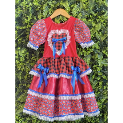 Vestido Infantil Junino Caipira Arraiá Xadrez Vermelho Colorido