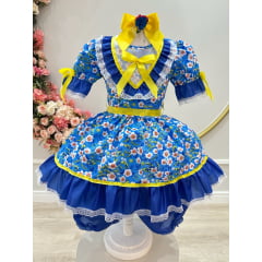 Vestido Infantil Junino Caipira Azul Colorido Florido