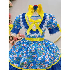 Vestido Infantil Junino Caipira Azul Colorido Florido