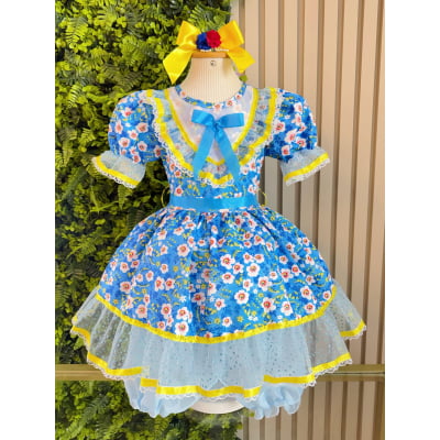 Vestido Infantil Junino Caipira Azul Colorido Florido