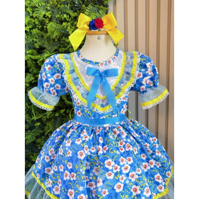 Vestido Infantil Junino Caipira Azul Colorido Florido