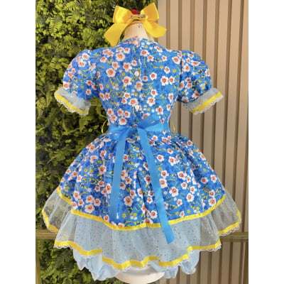 Vestido Infantil Junino Caipira Azul Colorido Florido