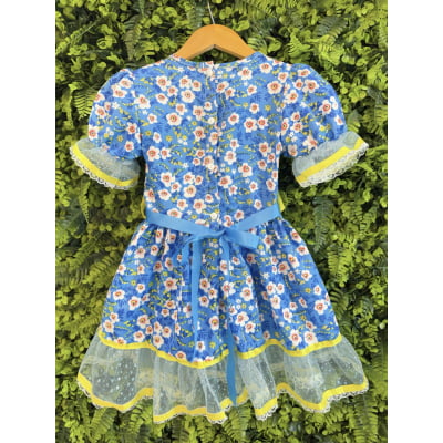 Vestido Infantil Junino Caipira Azul Colorido Florido