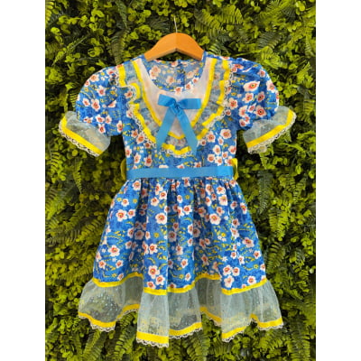 Vestido Infantil Junino Caipira Azul Colorido Florido