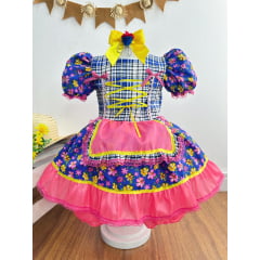 Vestido Infantil Junino Caipira Azul Colorido Florzinhas
