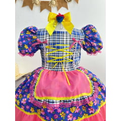 Vestido Infantil Junino Caipira Azul Colorido Florzinhas