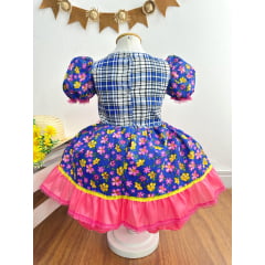 Vestido Infantil Junino Caipira Azul Colorido Florzinhas