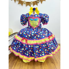 Vestido Infantil Junino Caipira Azul Com Florzinhas Coloridas