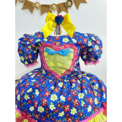 Vestido Infantil Junino Caipira Azul Com Florzinhas Coloridas