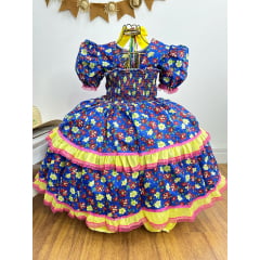 Vestido Infantil Junino Caipira Azul Com Florzinhas Coloridas
